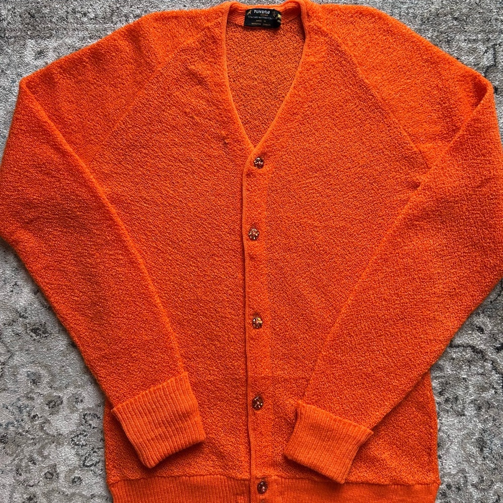 Tundra Bright Orange Vintage Cardigan Sweater Mohair Wool Made in Canada